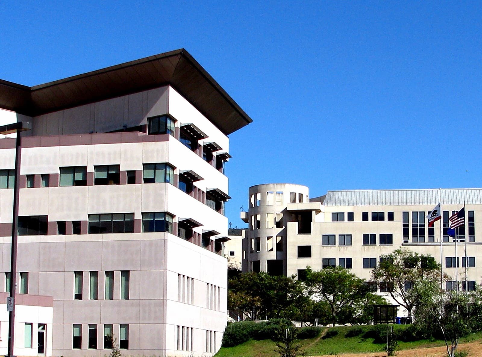 Campus buildings of Cal State San Marcos under a deep blue sky, with state and national flags flying.